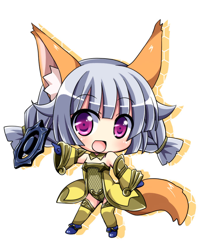 :d animal_ears bare_shoulders blush chibi detached_sleeves elin_(tera) fox_ears fox_tail gloves looking_at_viewer open_mouth purple_eyes silver_hair smile solo tail tera_online thighhighs tougo twintails weapon