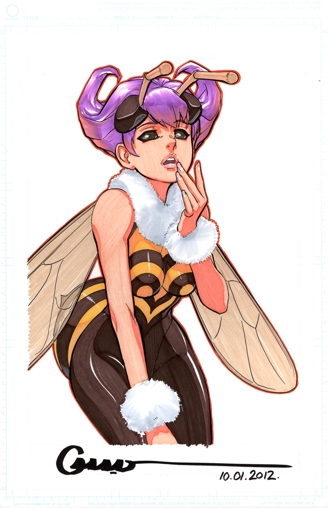 antennae bad_deviantart_id bad_id bare_shoulders bee_girl black_eyes dated fur_trim insect_girl insect_wings lips marker_(medium) monster_girl no_pupils omar_dogan pantyhose purple_hair q-bee signature sleeveless solo traditional_media vampire_(game) wings wrist_cuffs