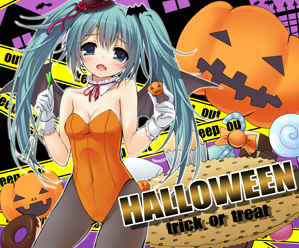 aqua_eyes aqua_hair bat_hair_ornament candy candy_cane caution_tape doughnut fang food fork gloves hair_ornament halloween hat hatsune_miku holding holding_candy holding_fork jack-o'-lantern keep_out leotard lollipop long_hair mini_hat mini_top_hat open_mouth orange_leotard pantyhose solo spring_onion swirl_lollipop tanakahazime top_hat trick_or_treat twintails vocaloid white_gloves wings