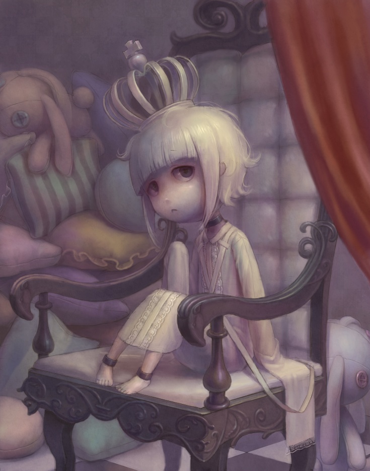 :&lt; androgynous barefoot crown daiyou-uonome green_eyes long_sleeves nightgown original pillow sitting sleeves_past_wrists solo stuffed_animal stuffed_toy throne white_hair