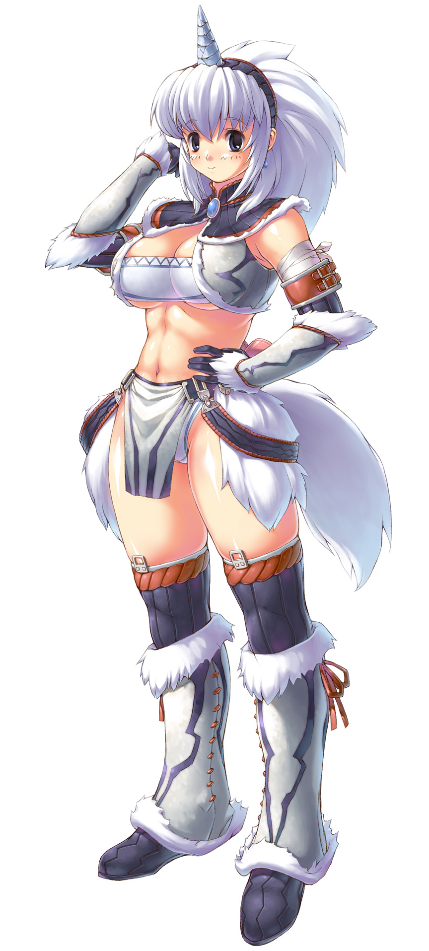 breasts cleavage elbow_gloves gloves highres horn kirin_(armor) large_breasts monster_hunter navel non-web_source panties simple_background solo thighhighs toned uchiu_kazuma underwear white_hair white_panties