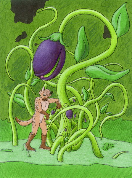 eggplant eye fangs goo green_eyes guppy_(artist) hyena leaf male mammal plant roots tentacles unknown_artist