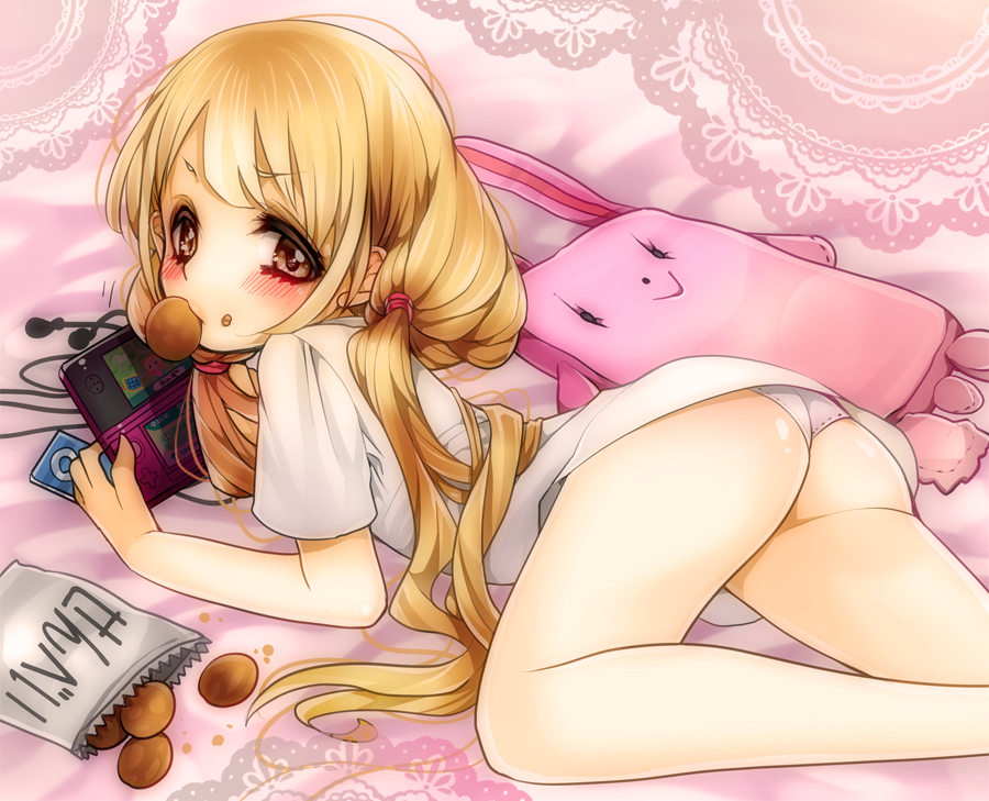 ass bad_id bad_pixiv_id blonde_hair blush brown_eyes digital_media_player earphones earphones_removed eating food food_on_face futaba_anzu handheld_game_console holding idolmaster idolmaster_cinderella_girls long_hair looking_at_viewer lying mouth_hold nintendo_3ds panties patatata pink_panties senbei solo stuffed_animal stuffed_bunny stuffed_toy translation_request twintails underwear