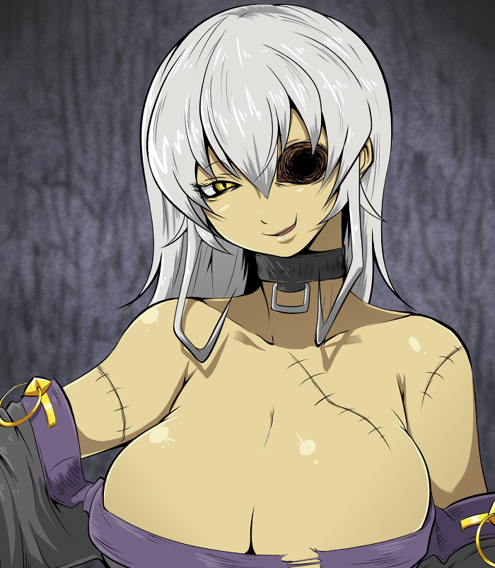 1girl bare_shoulders breasts bust cleavage collar japanese_clothes jewelry kara_age kimono large_breasts long_hair missing_eye monster_girl original scar short_hair slit_pupils smile smirk solo stitches torn_clothes upper_body white_hair yellow_eyes zombie