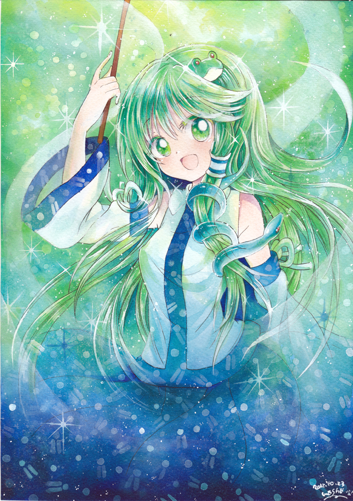 2012 colored_pencil_(medium) dated detached_sleeves frog_hair_ornament green_eyes green_hair hair_ornament hair_tubes kochiya_sanae long_hair marker_(medium) mosho open_mouth signature skirt smile snake solo touhou traditional_media watercolor_(medium) wide_sleeves