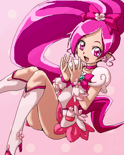 boots bow choker cure_blossom hanasaki_tsubomi heartcatch_precure! isu knee_boots long_hair lowres pink pink_bow pink_choker pink_eyes pink_hair ponytail precure solo when_you_see_it