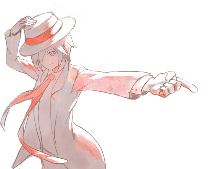 fedora foreshortening formal hair_over_one_eye hand_on_headwear hat looking_at_viewer male_focus milycat necktie outstretched_arm phantom_r rhythm_kaito rhythm_thief simple_background sketch solo suit upper_body