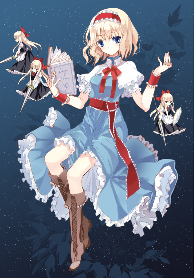 alice_margatroid bad_id bad_pixiv_id blonde_hair blue_eyes book boots capelet cierra_(ra-bit) doll dress hairband holding holding_book looking_at_viewer polearm ribbon shanghai_doll shield solo spear touhou weapon
