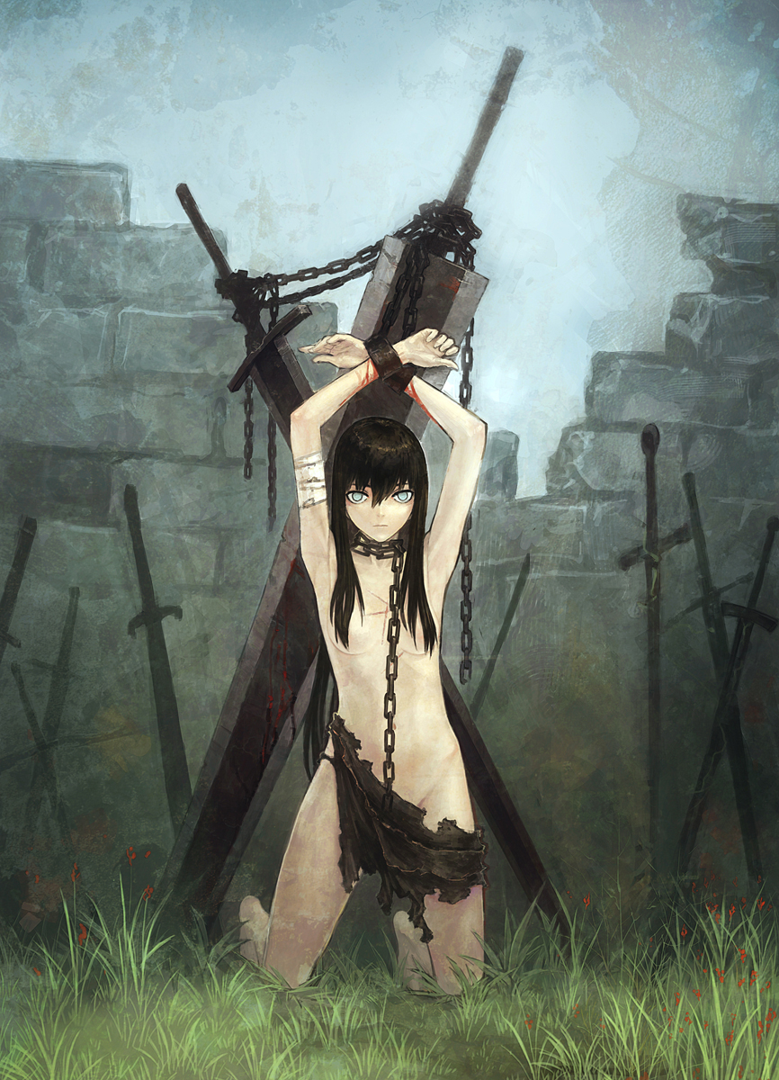 armpits bandages bdsm black_hair blood blue_eyes bondage bound bound_wrists brick_wall chain cuffs field_of_blades flat_chest grass hair_censor hair_over_breasts highres huge_weapon injury kneeling kuyama516 long_hair looking_at_viewer original planted_sword planted_weapon scar shackles skirt slave solo sword torn_clothes torn_skirt weapon