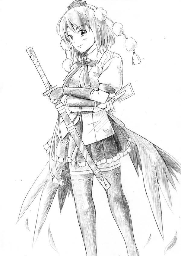 greyscale hat looking_at_viewer monochrome shameimaru_aya short_hair simple_background skirt smile solo sword thighhighs tokin_hat touhou traditional_media vent_arbre weapon white_background wings