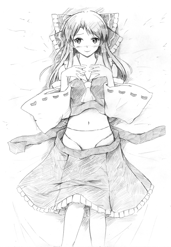 blush bow greyscale hair_bow hakurei_reimu long_hair looking_at_viewer lying monochrome on_back panties smile solo touhou traditional_media underwear vent_arbre