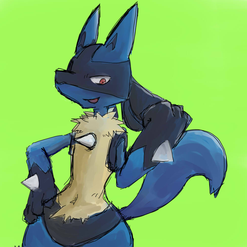 canine green_background hand_on_hip jackal looking_at_viewer lucario mammal nintendo open_mouth plain_background pok&#233;mon pok&eacute;mon presenting raised_tail red_eyes showing_off smile solo spikes unknown_artist video_games wide_hips