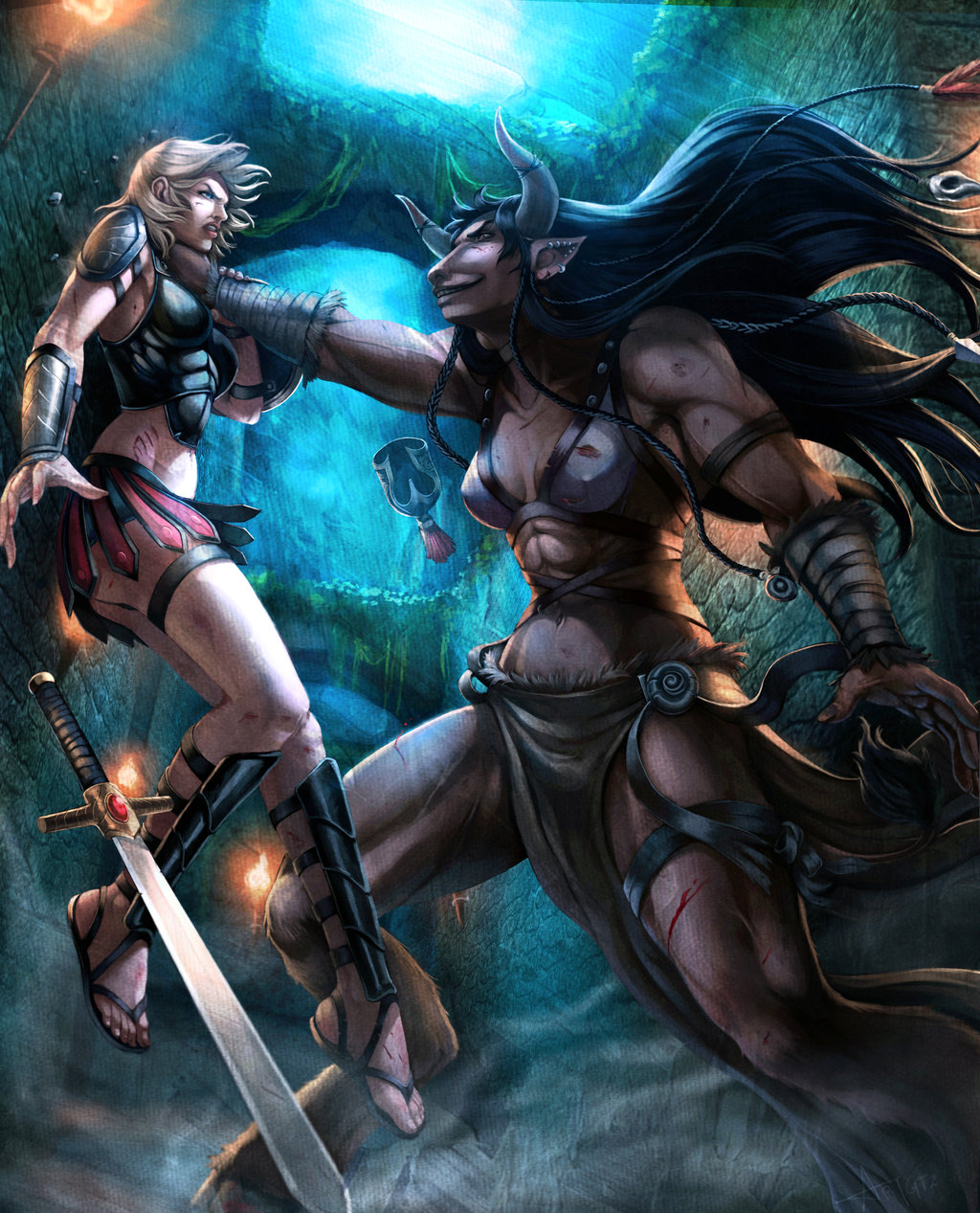 angry armor artgutierrez biceps black_hair blonde_hair blood bovine breasts darkness ear_piercing eye_contact fantasy female greek hair helmet holding hooves horn human humanoid labyrinth long_hair mammal minotaur monster muscles muscular_female mythology naughty neck_grab outside piercing pose scar short_hair side_view size_difference smile source_request standing suspended_in_midair sword torch unconvincing_armor unknown_artist warrior weapon white_hair