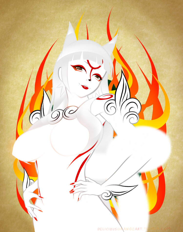 amaterasu animal_ears breasts brown_eyes facial_mark fingernails fire flame fur hands_on_hips hime_cut ian_chase large_breasts lips lipstick long_fingernails long_hair makeup nail_polish no_nipples nude ookami_(game) personification silver_hair solo tail watermark web_address wolf_ears wolf_tail
