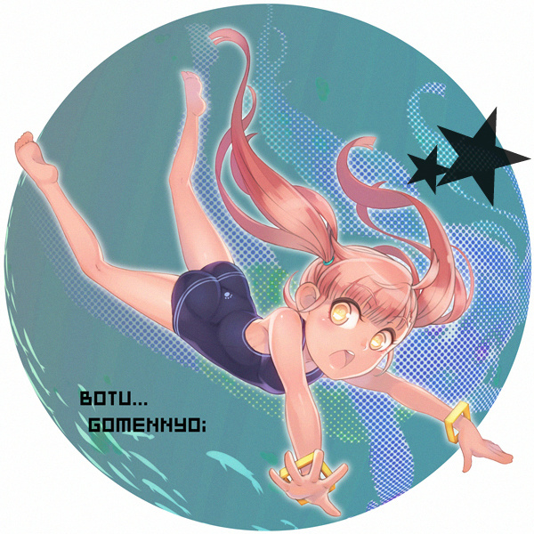 :o ayaki bare_shoulders barefoot bracelet floating_hair jewelry long_hair looking_at_viewer one-piece_swimsuit open_mouth original outstretched_arms outstretched_hand pink_hair soles solo star swimsuit twintails yellow_eyes