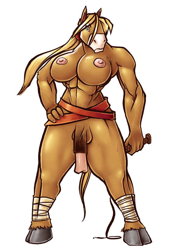 anthro balls belt biceps big_breasts breasts dickgirl equine farkhan hair her herm hooves horse huge_breasts intersex invalid_tag looking_at_viewer mammal mane muscles nipples nude penis plain_background pose solo standing vein whip white_background
