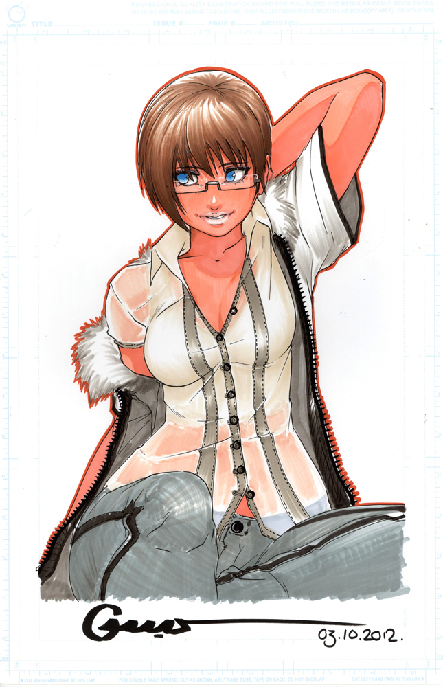 bangs blue_eyes breasts brown_hair cleavage copyright_request dated denim fur_trim glasses jacket jeans lips marker_(medium) medium_breasts omar_dogan pants short_hair signature solo traditional_media wide_hips