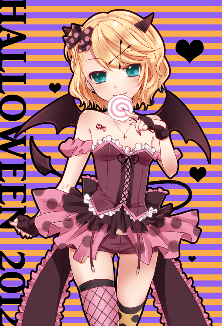 2012 aqua_eyes blonde_hair blush candy cross cross_necklace dress food halloween hat hat_ribbon heart horns jewelry kagamine_rin lollipop looking_at_viewer mismatched_legwear necklace outline polka_dot polka_dot_legwear ribbon short_hair smile solo striped striped_background swirl_lollipop tail thighhighs vocaloid wings yayoi_(egoistic_realism)
