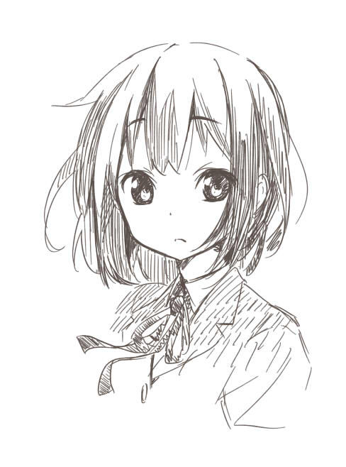 alternate_hair_length alternate_hairstyle blazer errant frown greyscale jacket k-on! monochrome nakano_azusa ribbon short_hair sketch solo