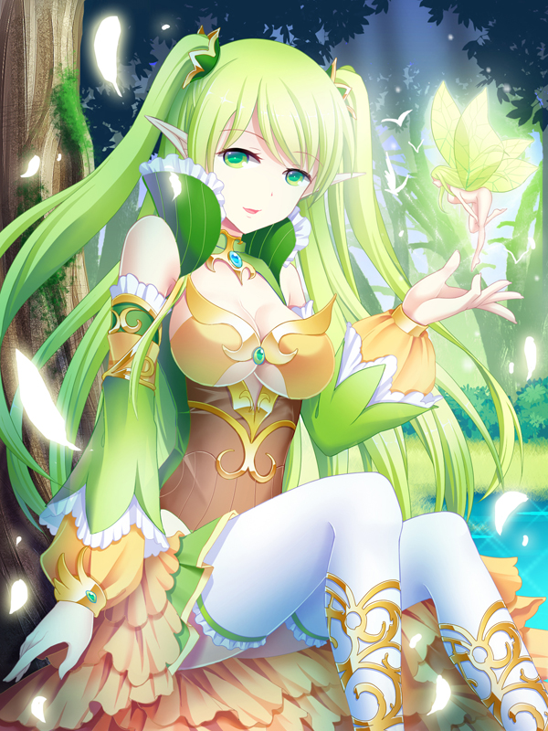 bare_shoulders breasts detached_sleeves elf fairy grass green_eyes green_hair large_breasts long_hair looking_at_viewer mao_a_mi_mi original pointy_ears solo thighhighs tree two_side_up water white_legwear wings