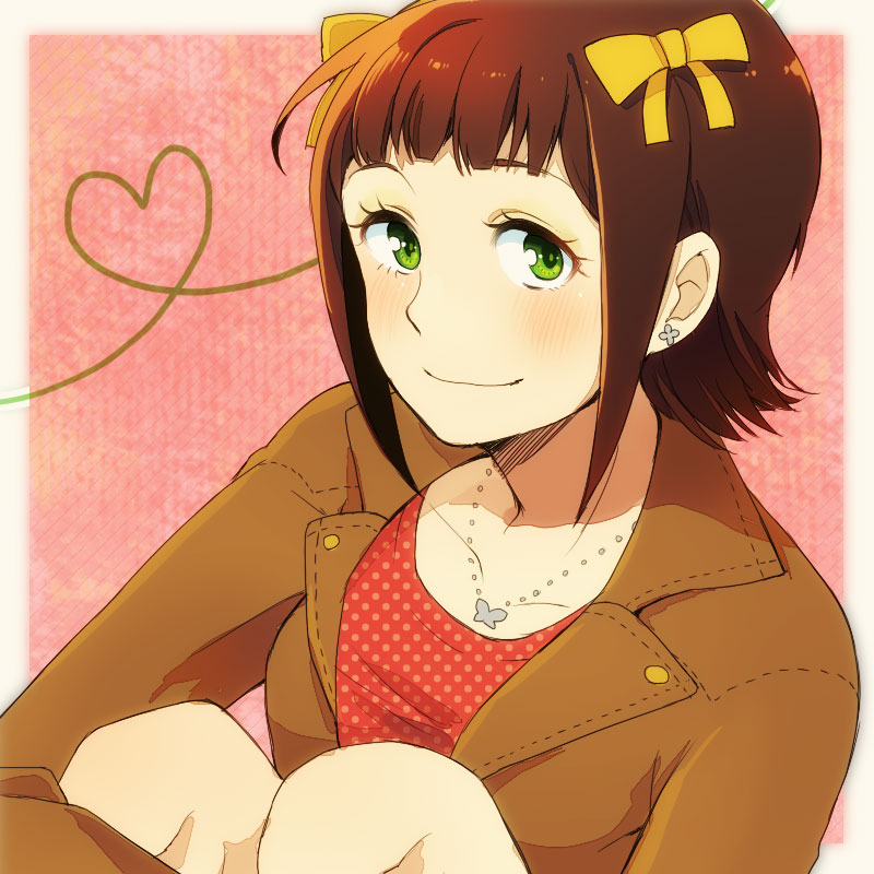 amami_haruka bad_id bad_pixiv_id bow brown_hair earrings green_eyes hair_bow heart heart_of_string idolmaster idolmaster_(classic) jewelry looking_at_viewer necklace smile solo twilightzone