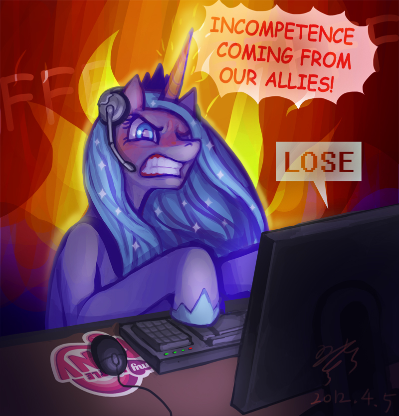 blue_eyes blue_hair computer crown english_text equine female feral friendship_is_magic hair headset horn horse mammal my_little_pony nerd_rage pmo0908 pony princess_luna_(mlp) solo text unicorn winged_unicorn wings