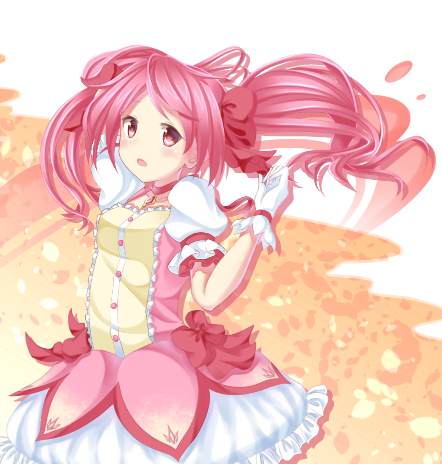 :o bow choker dress gloves kaname_madoka looking_at_viewer mahou_shoujo_madoka_magica pink_hair puffy_sleeves red_eyes ribbon_choker solo twintails white_gloves yasuno_(airy_light)