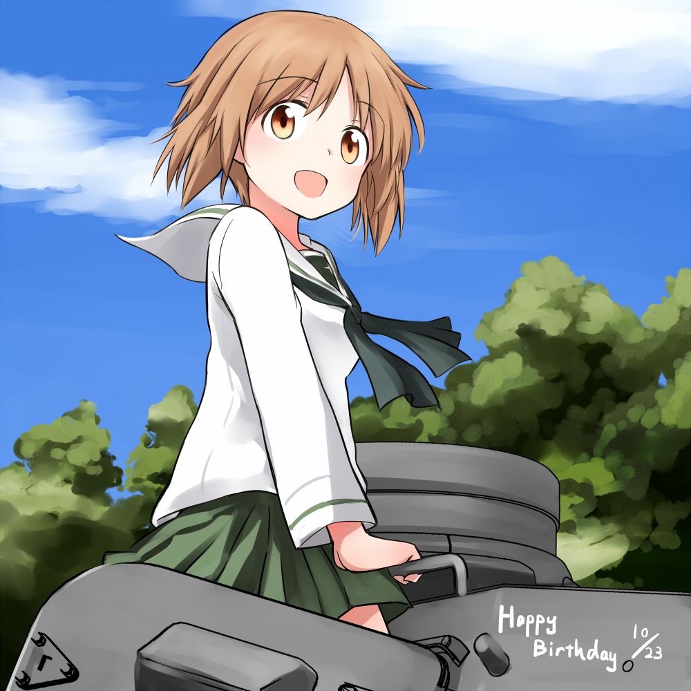 arm_support bangs blouse blush brown_eyes brown_hair cloud cloudy_sky day girls_und_panzer green_skirt ground_vehicle happy_birthday long_sleeves looking_at_another military military_vehicle miniskirt motor_vehicle neckerchief nishizumi_miho ooarai_school_uniform open_mouth outdoors panzerkampfwagen_iv pleated_skirt school_uniform serafuku short_hair skirt sky smile solo standing tank tree tsuchii_(ramakifrau) white_blouse