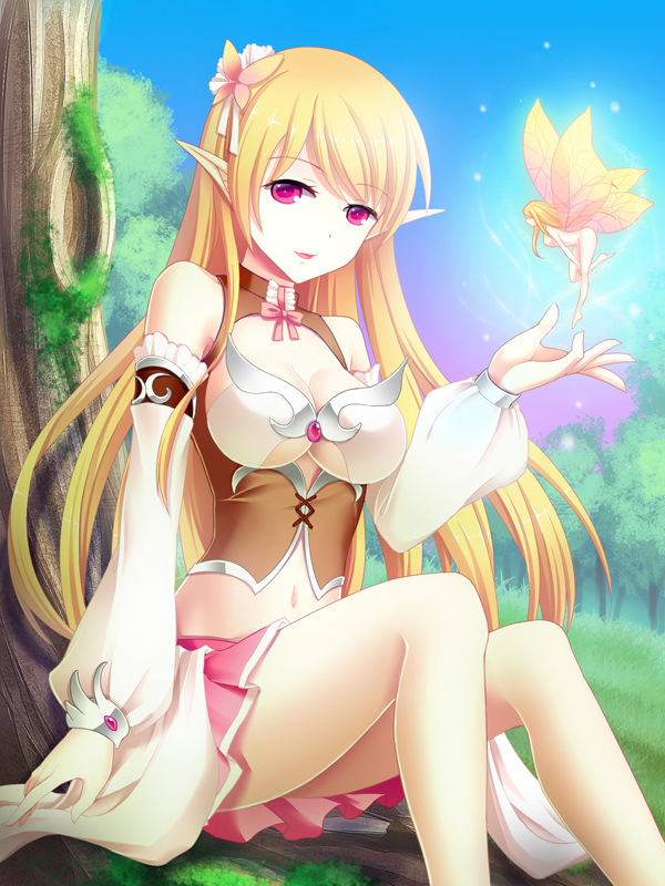 bare_shoulders blonde_hair breasts butterfly_hair_ornament detached_sleeves elf fairy hair_ornament large_breasts long_hair looking_at_viewer mao_a_mi_mi original pointy_ears sitting skirt solo tree