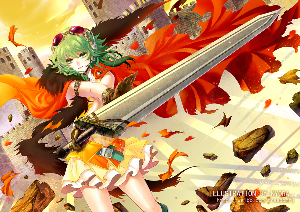 bad_id bad_pixiv_id belt cape castle feather_boa gloves green_eyes green_hair gumi headset microphone navel skirt solo stells sunglasses sword vocaloid weapon