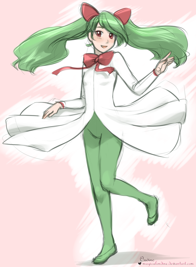 bow dress gen_3_pokemon green_hair green_legwear hair_ornament kirlia magical_ondine pantyhose personification pokemon red_eyes solo spinning standing standing_on_one_leg twintails