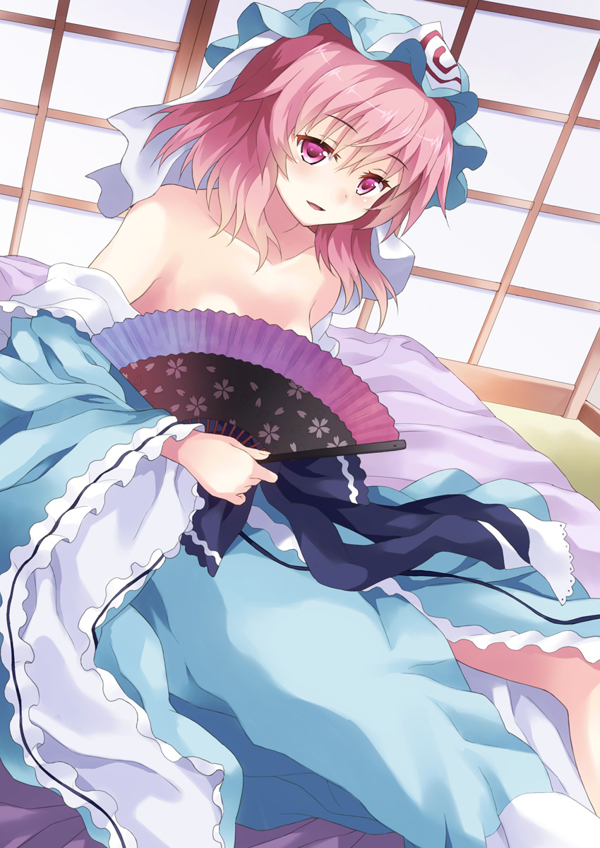 :d bare_shoulders blush breasts collarbone covering covering_breasts dress fan folding_fan hat highres holding medium_breasts off_shoulder open_mouth pink_eyes pink_hair rasahan saigyouji_yuyuko short_hair sitting smile solo touhou triangular_headpiece