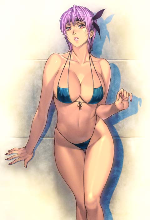 against_wall arm_support ayane_(doa) bangs bikini blue_bikini breasts cleavage clenched_hand dead_or_alive fingernails front-tie_top headband highleg highleg_bikini highleg_swimsuit homare_(fool's_art) jpeg_artifacts large_breasts leaning_forward lipstick long_fingernails looking_at_viewer makeup nail_polish navel parted_lips pink_eyes purple_hair shadow short_hair sideboob solo standing swimsuit thigh_gap