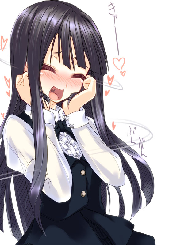 :d ^_^ black_hair blush character_request closed_eyes copyright_request frills hands_on_own_cheeks hands_on_own_face heart heart_in_mouth open_mouth school_uniform silve smile solo