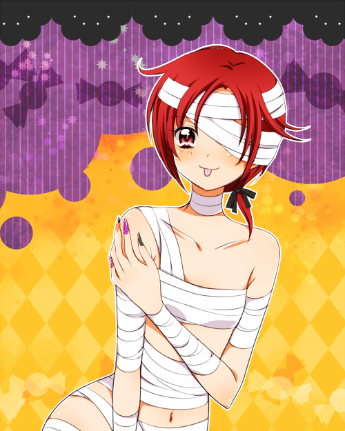 :p bandages blush candy costume food halloween hino_akane_(smile_precure!) kagami_chihiro mummy nail_polish navel ponytail precure red_eyes red_hair smile_precure! solo tongue tongue_out