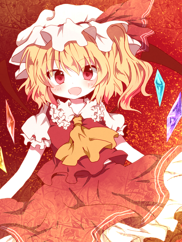 ascot blonde_hair blush fang flandre_scarlet hat hat_ribbon looking_at_viewer mari_audio open_mouth puffy_sleeves red_eyes ribbon short_hair short_sleeves side_ponytail simple_background skirt smile solo touhou wings