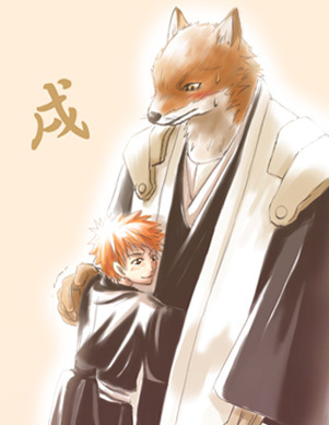 2boys bleach blush furry hug komamura_sajin kurosaki_ichigo lowres male male_focus multiple_boys plain_background