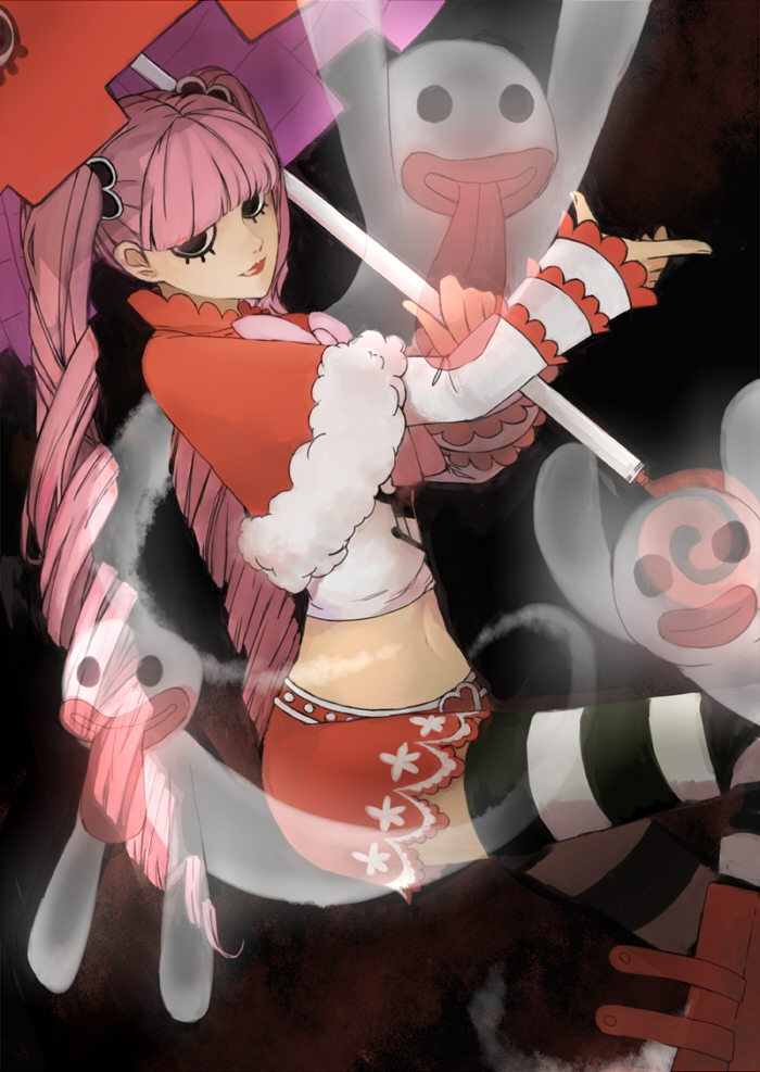 1girl bangs belt boots capelet female fur_trim ghost long_sleeves midriff one_piece perona pink_hair red_shoes red_skirt shoes short_cape skirt solo striped striped_legwear thighhighs twintails umbrella