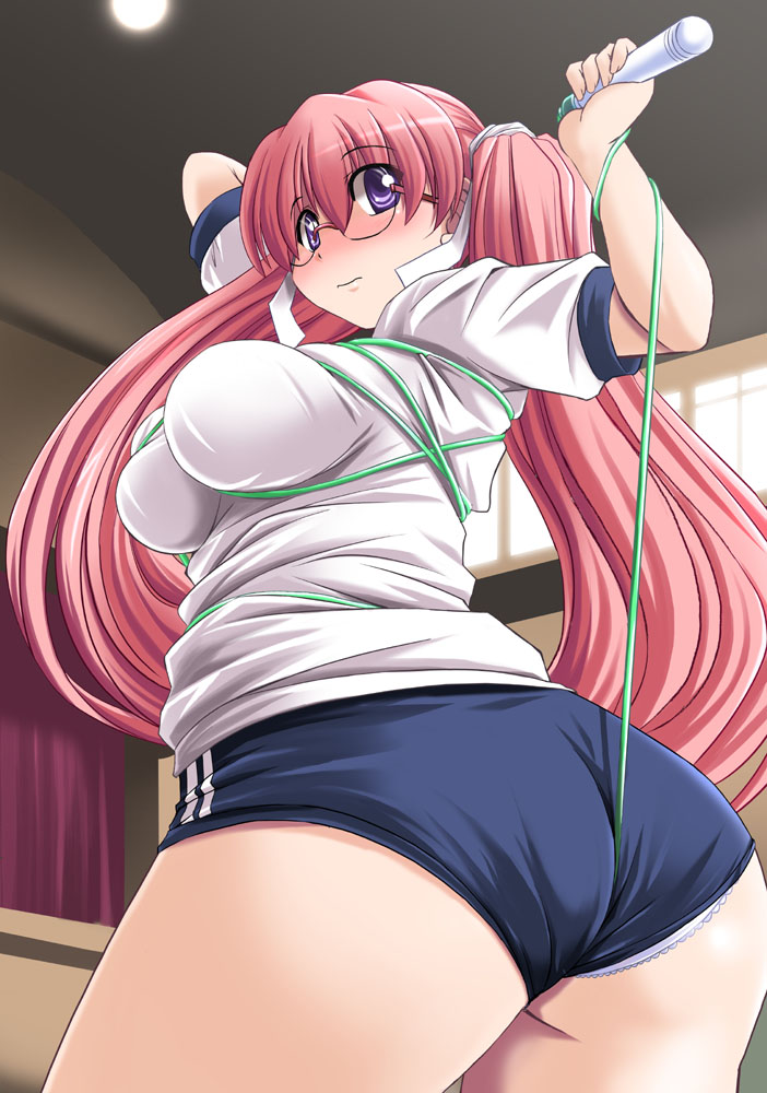 ass bdsm blush bondage bound breasts buruma crotch_rope double_vertical_stripe entangled glasses gym gym_uniform hair_ribbon jump_rope lace lace-trimmed_panties large_breasts log-mi_(tonpuu) long_hair looking_at_viewer looking_back original panties panties_under_buruma panty_peek pink_hair purple_eyes ribbon shirt solo t-shirt tonpuu twintails underwear unlikely_accident wedgie white_panties