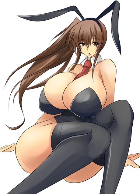 1girl amano_mokuzu animal_costume animal_ears bare_shoulders black_legwear black_thighhighs breasts brown_eyes brown_hair bunny_costume bunny_ears bunny_girl bunnysuit cleavage curvy female hair_ornament legs long_hair necktie open_mouth original ponytail simple_background sitting solo thick_thighs thighhighs thighs tie umino_mokuzu_(a4_size) white_background