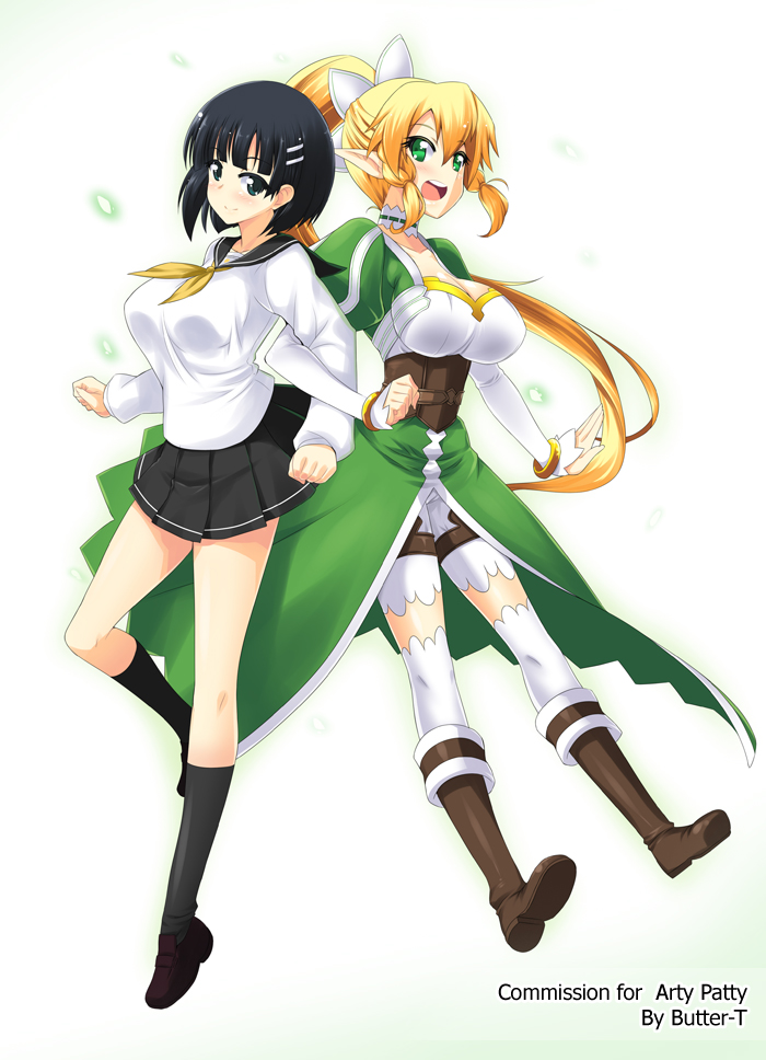 bike_shorts black_eyes black_hair blonde_hair breasts butter-t dual_persona green_eyes kirigaya_suguha large_breasts leafa locked_arms long_hair multiple_girls pointy_ears ponytail school_uniform serafuku short_hair sword_art_online thighhighs