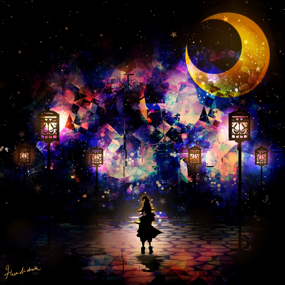 androgynous bad_id bad_pixiv_id colorful crescent_moon grin halloween harada_miyuki hat lantern moon night night_sky original signature sky smile solo star witch witch_hat