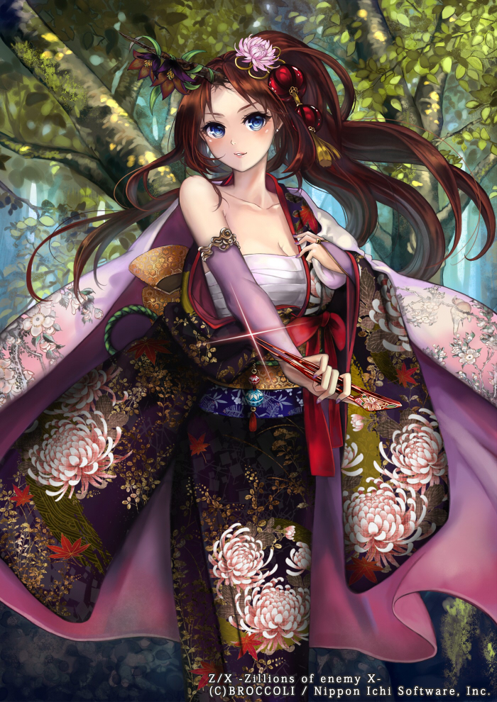 bad_id bad_pixiv_id bare_shoulders blue_eyes blush bow breasts bridal_gauntlets brown_hair cleavage collarbone copyright_name day earrings embellished_costume floating_hair floral_print flower forest glint gradient hadanugi_dousa hair_flower hair_ornament hairpin hand_on_own_chest holding horn japanese_clothes jewelry kimono large_breasts leaf light_smile long_hair looking_at_viewer nail_polish nature obi official_art open_clothes outdoors parted_lips pisuke ponytail rintoshita_kanzashi_kuroyuri robe rope sarashi sash solo standing tree watermark wide_sleeves z/x