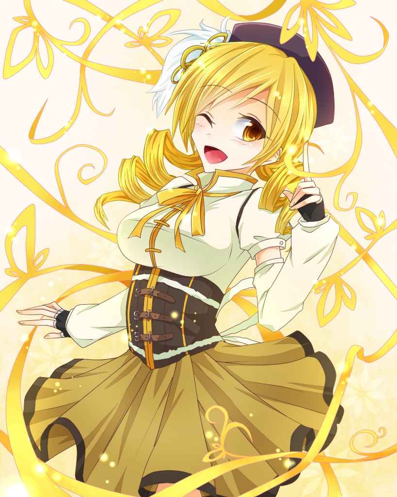 beret blonde_hair breasts corset detached_sleeves drill_hair fingerless_gloves gloves hair_ornament hat large_breasts magical_girl mahou_shoujo_madoka_magica nayuko2 one_eye_closed pleated_skirt ribbon skirt smile solo tomoe_mami yellow_eyes