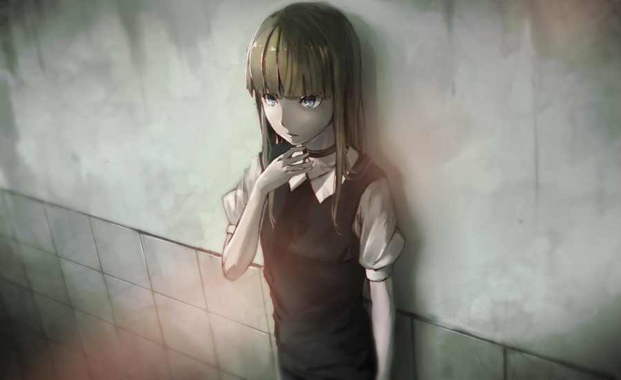 against_wall banned_artist blonde_hair blue_eyes choker expressionless flat_chest long_hair looking_away original parted_lips seafh short_sleeves solo tiles wall
