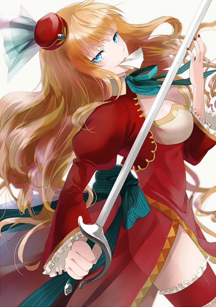 blonde_hair blue_eyes bow breasts cowboy_shot dress hat holding holding_sword holding_weapon juliet_sleeves long_hair long_sleeves looking_at_viewer medium_breasts mini_hat original puffy_sleeves red_dress ribbon see-through shion_(kizuro) simple_background smile solo sword weapon white_background
