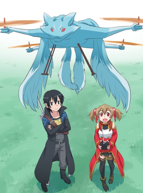 1girl belt boots controller dragon flying gachon_jirou helicopter_cat kirito objectification parody pina_(sao) remote_control silica smile sword sword_art_online thighhighs trench_coat twintails weapon