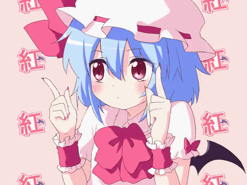 animated animated_gif artist_request bat_wings blue_hair blush bow bowtie frills hands hat hat_ribbon mob_cap parody puffy_short_sleeves puffy_sleeves red_bow red_neckwear remilia_scarlet ribbon short_hair short_sleeves solo source_request sparkling_daydream tareme touhou upper_body wings wrist_cuffs