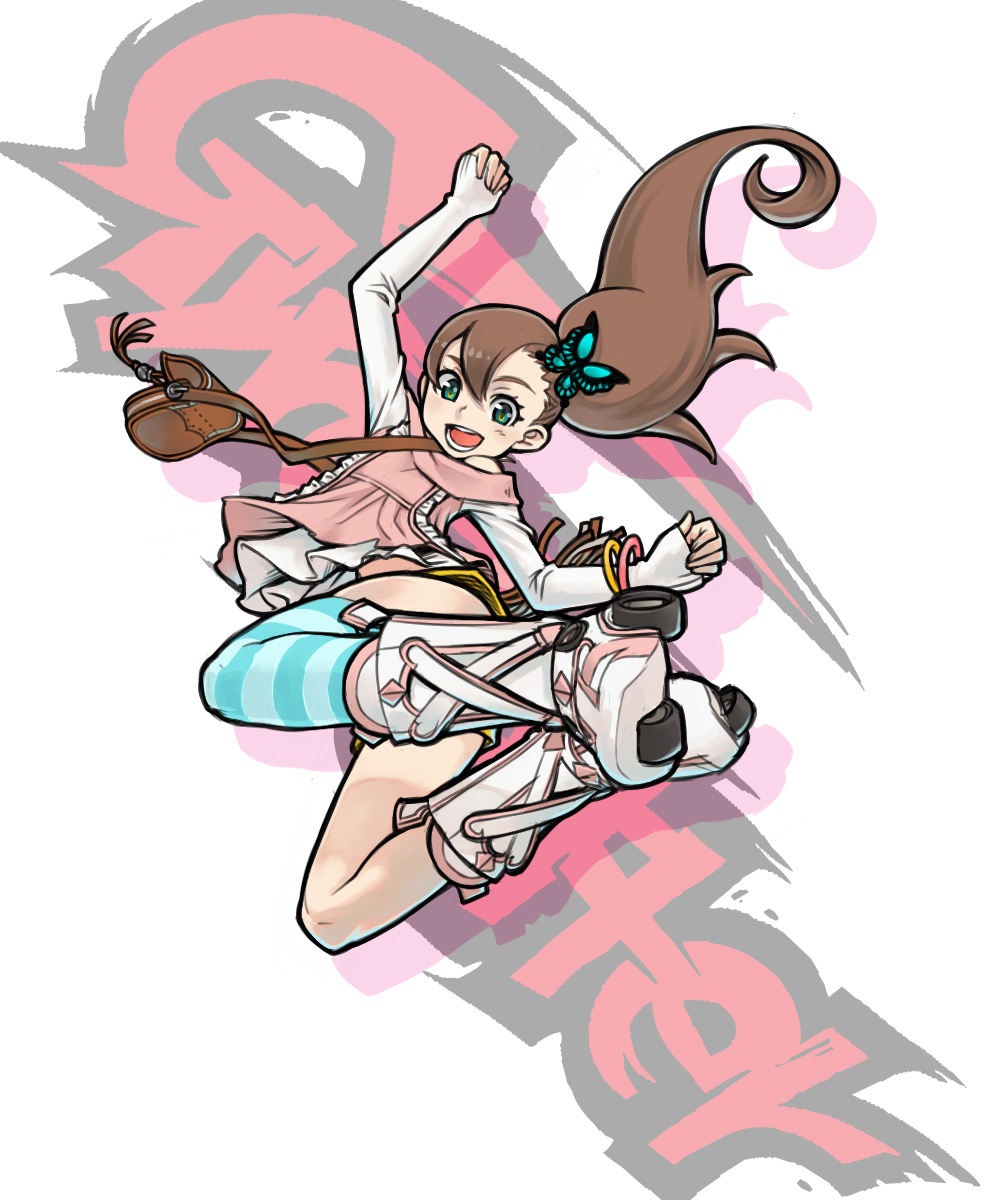 arm_up bag boots brown_hair butterfly_hair_ornament chousoku_henkei_gyrozetter copyright_name green_eyes hair_ornament highres inaba_rinne jumping kaieda_hiroshi legs_folded long_hair looking_at_viewer open_mouth outstretched_arms roller_shoes roller_skates shoes shoulder_bag side_ponytail single_thighhigh skates smile solo spread_arms striped striped_legwear thighhighs