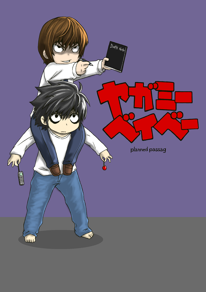 carrying cellphone cherry copyright_name death_note dinonix food fruit holding kill_me_baby l_(death_note) multiple_boys notebook outstretched_arms parody pen phone shadow shoulder_carry spread_arms title_parody yagami_light